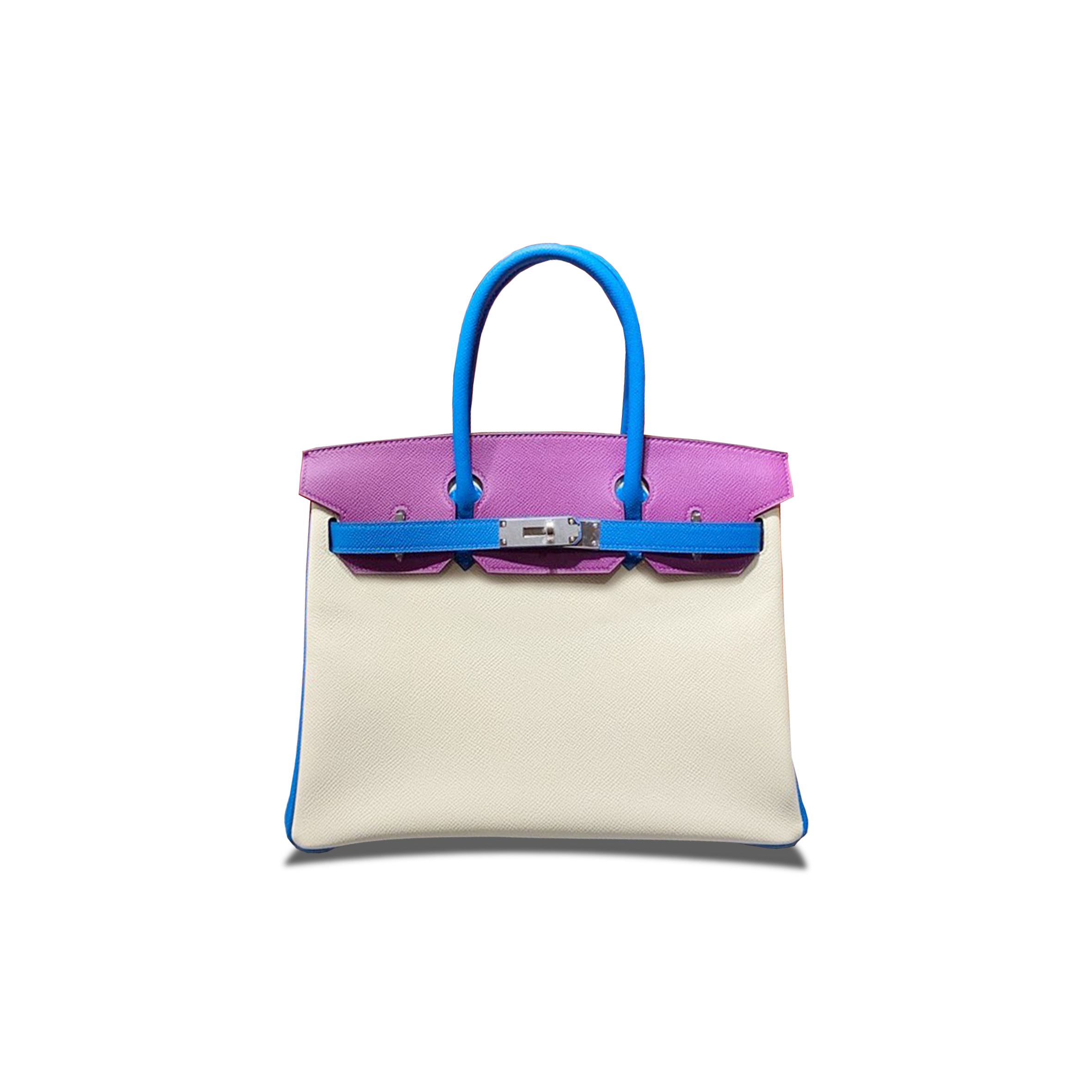 HERMES BIRKIN 30 EPSOM MILKSHAKE WHITE WITH WATER FAIRY BLUE AND ANEMONE PURPLE SILVER BUCKLE H028362CC07 (30*23*15cm)